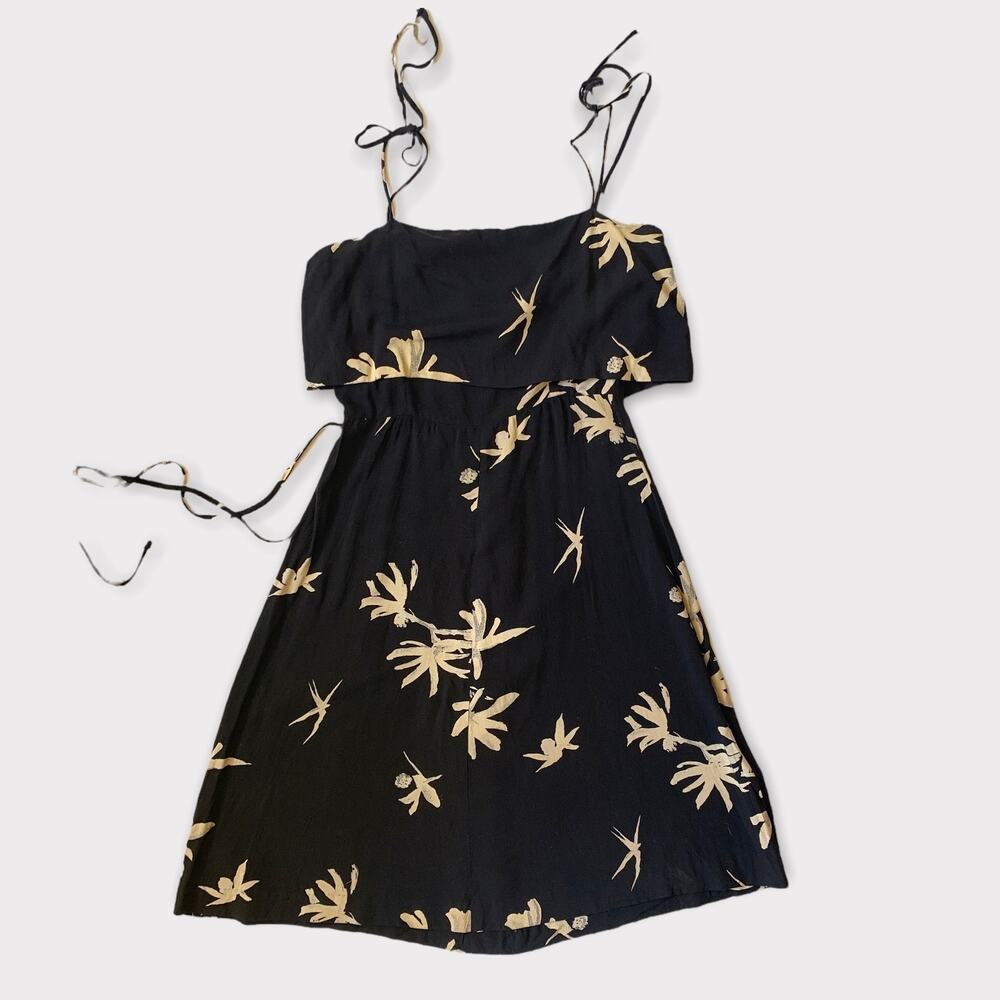 70s Vintage Rayon Black & White Camisole Floral Sundress Matching Belt Disco Era